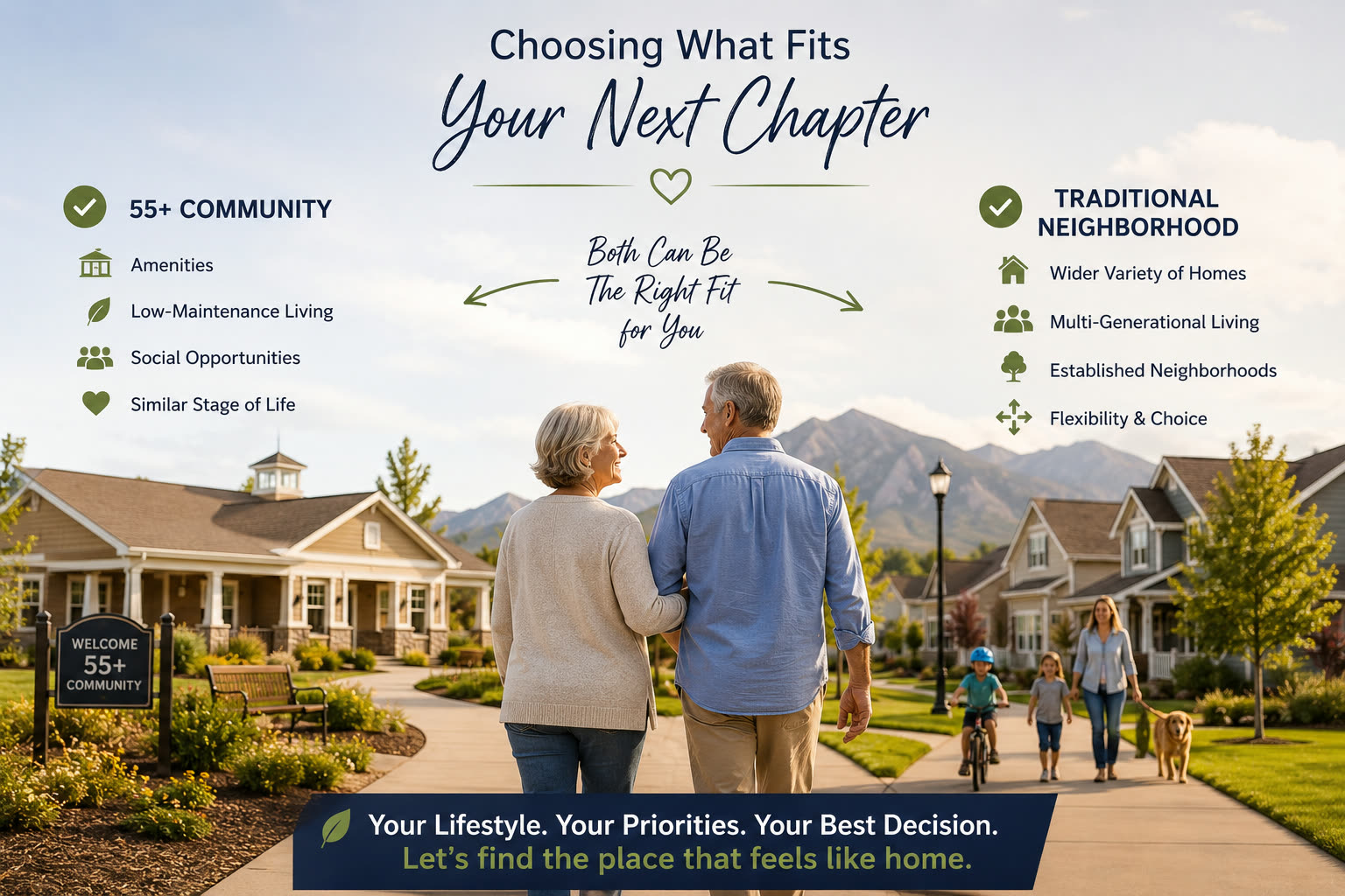 Title card for the article: Should I Move to a 55+ Community or Stay in a Traditional Neighborhood?